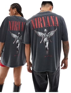 ASOS DESIGN - T-shirt unisex oversize nero slavato con grafiche della band "Nirvana" con angelo su licenza