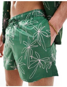 ASOS DESIGN - Pantaloncini da bagno taglio medio verdi con stampa stilizzata di palme-Verde