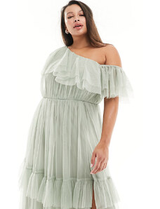 Anaya Plus - Vestito lungo a fascia da sposa in tulle premium color salvia-Verde