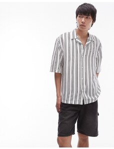 Topman - Camicia a maniche corte vestibilità comoda in misto lino bianca a righe-Multicolore