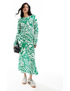 ASOS DESIGN - Vestito midi in viscosa con scollo a barchetta e dettaglio a V sul retro verde con stampa-Multicolore