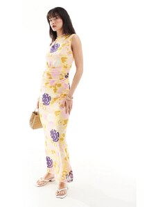 Vero Moda - Vestito lungo accollato in rete limone senza maniche con stampa a fiori-Giallo