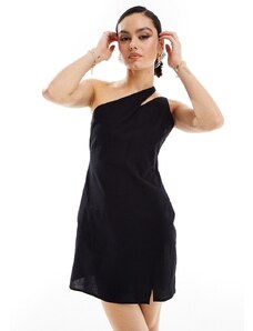 ASOS DESIGN - Vestito prendisole corto monospalla in lino nero con spallina con cut-out