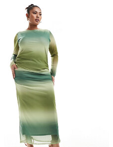 In The Style Plus - Vestito lungo in rete arricciato verde sfumato-Multicolore