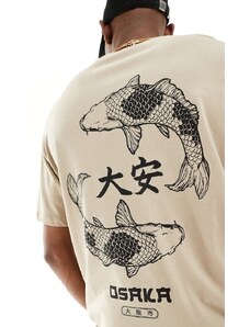 Jack & Jones - T-shirt oversize color cuoio con stampa di carpa sul retro-Neutro