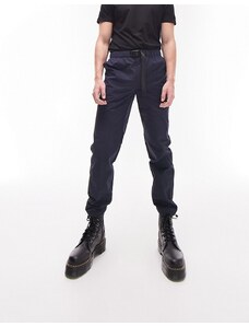 Topman - Pantaloni cargo ampi blu navy con cuciture a vista e cintura