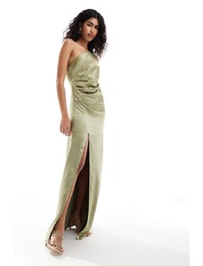 Pretty Lavish - Vestito da damigella lungo monospalla arricciato in raso verde oliva
