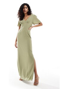Pretty Lavish - Vestito lungo da damigella in chiffon verde oliva con maniche con volant