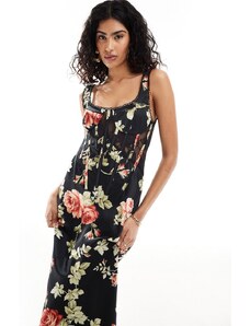 ASOS DESIGN - Vestito midi con corsetto in misto raso e pizzo nero a fiori-Multicolore