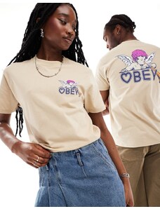 Obey - T-shirt unisex beige a maniche corte con stampa di cherubino-Neutro