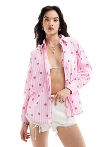 Pieces - Camicia oversize rosa a righe con fragole