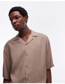 Topman - Camicia a maniche corte vestibilità comoda color cammello in raso-Neutro