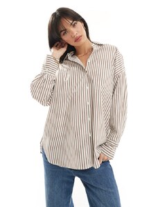 Pimkie - Camicia oversize taglio lungo a righe marroni e bianche-Multicolore