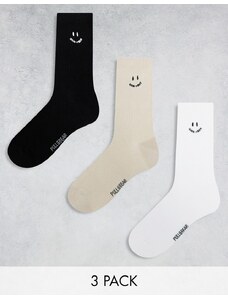 Pull&Bear - Confezione da 3 paia di calzini neri, bianchi e beige con ricamo-Multicolore