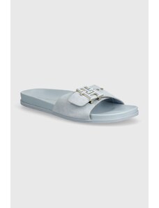 Tommy Hilfiger ciabatte slide in camoscio TH HARDWARE SUEDE FLAT SANDAL donna colore blu FW0FW07935