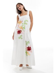 ASOS EDITION - Vestito midi bianco con ricami a fiori e scollo quadrato