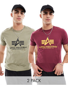Alpha Industries Alpha - Confezione da 2 t-shirt oliva e bordeaux con logo sul petto-Rosso