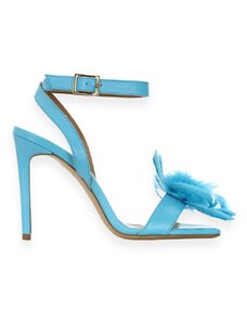 WO MILANO - Sandalo in pelle nappata con fiore ornamentale - Colore: Blu,Taglia: 37