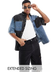 ASOS DESIGN - Camicia di jeans a maniche corte squadrata oversize color block blu slavato e nera-Nero