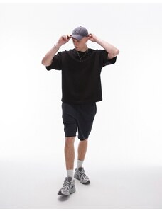 Topman - T-shirt premium oversize pesante nera con spalle scese-Nero