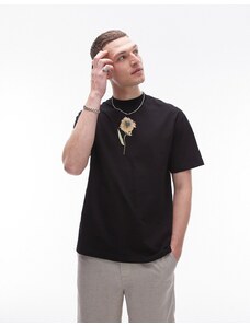 Topman - T-shirt oversize nera con stampa di fiore pressato sul petto-Nero