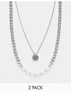 Faded Future - Confezione da 2 collane argentate con ciondolo a forma di moneta e perle-Argento