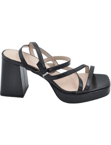 Malu Shoes Sandali donna laminato nero con plateau tacco largo chiusura regolabile alla caviglia comodi punta quadrata tacco 9