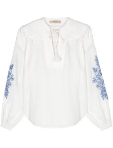 TWINSET Blusa bianca ricami floreali lino