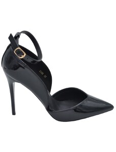 Malu Shoes Decolette' donna in pelle lucida nera con punta tacco sottile 12 cm cinturino alla caviglia regolabile scollo laterale