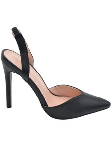 Malu Shoes Decollete scarpa donna slingback a punta in pelle opaca nera tacco sottile 12 cm cinturino tallone glamour moda