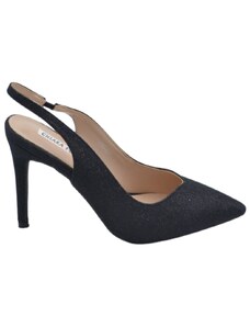 Malu Shoes Decollete scarpa donna slingback a punta in tessuto satinato nero tacco clessidra 12 cm cinturino tallone glamour moda