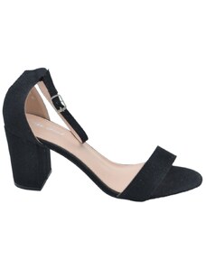 Malu Shoes Sandalo alto donna nero tessuto satinato tacco doppio 5 cm cinturino alla caviglia linea basic cerimonia elegante