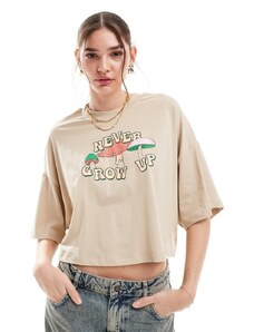 ONLY - T-shirt taglio corto beige con grafica "Never Grow Up"-Neutro
