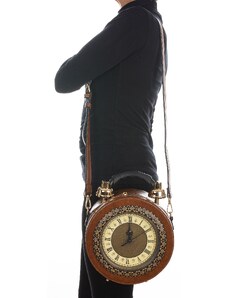 Borsa Tracy Clock con orologio funzionante con tracolla, Cosplay Steampunk, ecopelle, colore marrone, ARIANNA DINI DESIGN