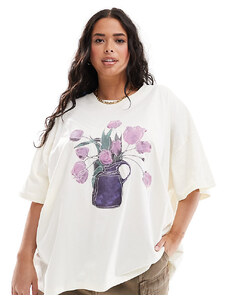 ASOS Curve ASOS DESIGN Curve - T-shirt oversize bianca con grafica di tulipani ricamati-Bianco