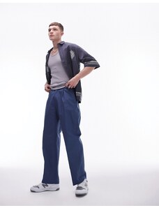 Topman - Pantaloni eleganti a fondo ampio in cotone compatto blu navy