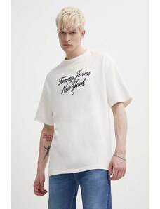 Tommy Jeans t-shirt in cotone uomo colore beige con applicazione DM0DM18579
