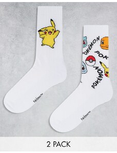 ASOS DESIGN - Confezione da 2 paia di calzini con stampa Pokémon-Bianco