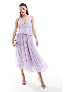 ASOS DESIGN - Vestito midi a balze lilla crepuscolare con scollo profondo e pieghe-Viola