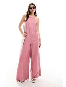 ASOS DESIGN - Tuta jumpsuit rosa polvere in lino con scollo a vogatore e spalline incrociate