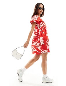 Wednesday's Girl - Vestito grembiule corto con maniche a sbuffo rosso a fiori tropicali
