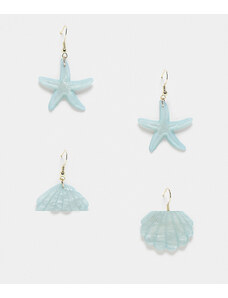 PIECES - Confezione da 2 paia di orecchini con stella marina e conchiglie blu