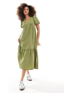 Wednesday's Girl - Vestito midi stile grembiule kaki testurizzato con scollo a V-Verde
