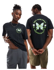 Obey - T-shirt unisex nera tinta in capo con stampa di farfalla-Nero