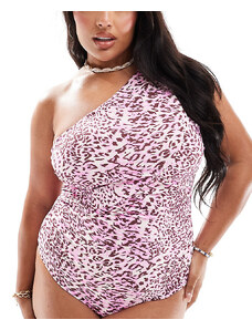 Vero Moda Curve - Costume da bagno monospalla arricciato leopardato in tonalità lavanda pastello-Viola