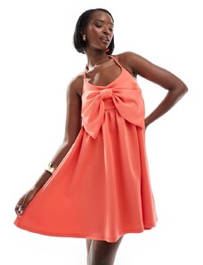 ASOS DESIGN - Vestito corto stile babydoll corallo con spalline sottili e fiocco oversize-Arancione