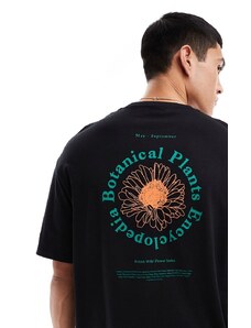 Selected Homme - T-shirt oversize nera con stampa botanica circolare sulla schiena-Nero