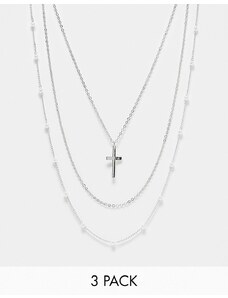 Faded Future - Confezione da 3 collane color argento con catenina, croce e perla