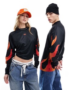 adidas Originals - Top in jersey unisex a maniche lunghe nero con motivo con fiamme