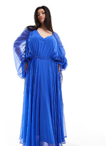 ASOS Edition Curve - Vestito lungo raccolto in vita in chiffon color blu cobalto-Nero